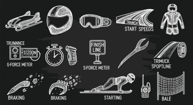 Detailed chalk drawing set of bobsledding and luge equipment, track elements, and athlete actions for winter sports on a dark blackboard background.