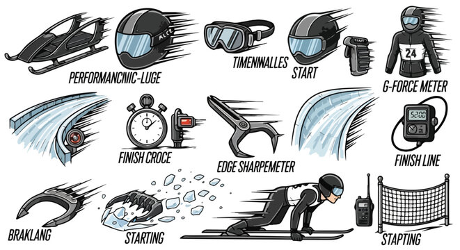 Dynamic hand-drawn vector set of winter sports equipment and action elements. Features bobsled, luge, ski helmets, goggles, stopwatch, finish line, and athletes, capturing speed and competition.