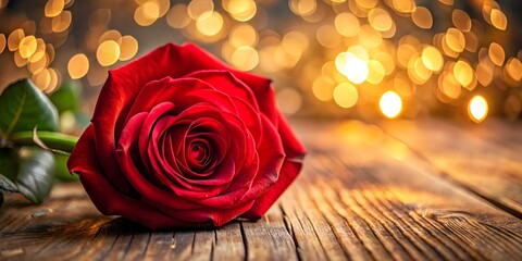 Romantic red rose resting on a rustic wooden table, illuminated by warm, festive bokeh lights in the background.