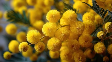 Bright Yellow Mimosa Blossoms with Green Fern Leaves Close-Up