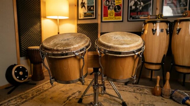 pair of bongo drums placed on low stand in rhythm studio orbit video