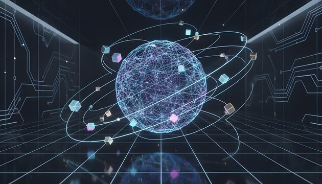 Orbital Qubit Mesh with Floating Cubes and PCB Circuit Background, Quantum Computing Network Infrastructure with Reflective Floor Grid