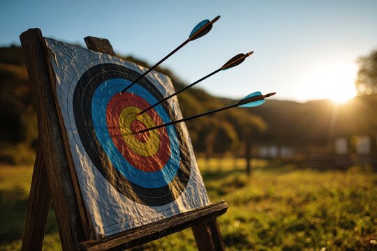 Outdoor archery target with three arrows embedded under a sunlit blue sky