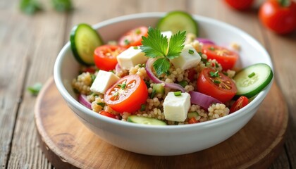 A fresh colorful salad with couscous tomatoes cucumber feta cheese and red onion in a white bowl. It is a healthy vegetarian meal prepared on a rustic wooden table. Perfect dish for diet.