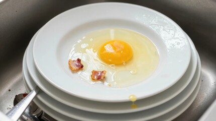 Broken egg on white plate stacked in sink after preparing breakfast with bacon and eggs
