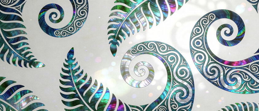 Paua shell koru swirls and fern pattern on pearlescent white background. Iridescent New Zealand Maori culture motif.