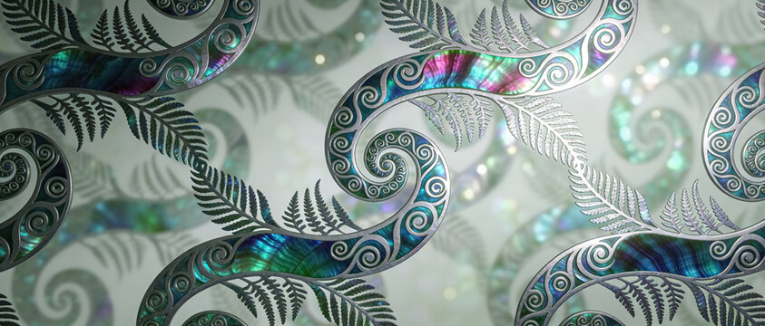 Maori Polynesian koru swirls abstract background in paua shell tones. Iridescent New Zealand traditional motif. 
