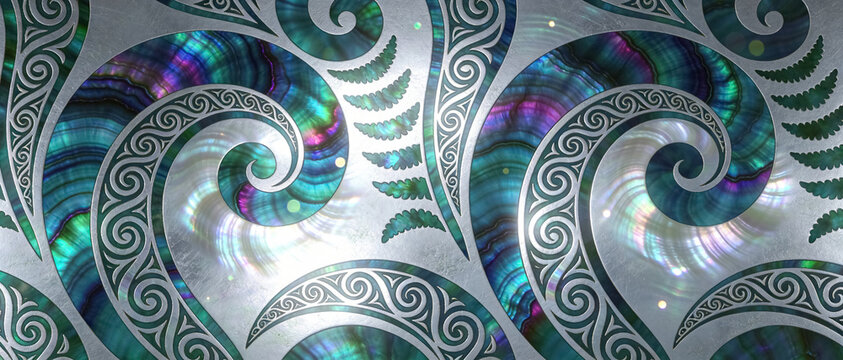 Paua shell koru spiral swirls and fern pattern on pearlescent white background. Iridescent New Zealand Maori culture motif.