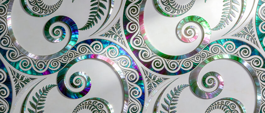 Maori Polynesian koru spiral swirls abstract background in paua shell tones. Iridescent New Zealand traditional motif. 