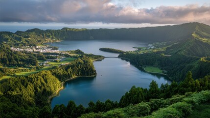 Panoramic view of Sete Cidades lakes, Azores, dawn over lush cliffs and blue water
