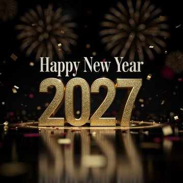Happy new year 2027 celebration with gold numbers and fireworks