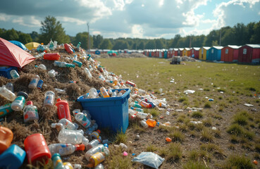 Fototapeta premium Large pile of assorted garbage, plastic bottles scattered across grassy field. Tents, colorful structures in background indicate abandoned music festival site after event. Scattered waste litters