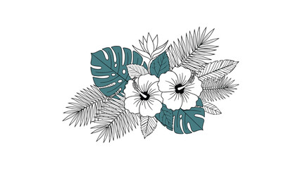 Stylish tropical floral arrangement featuring white hibiscus flowers with black line art leaves and teal monstera accents. © Biz Flare