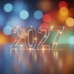 Sparkling illuminated 2027 numbers with colorful bokeh lights background