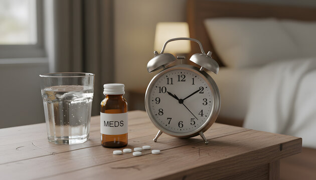 Alarm clock with glass of water and medicament bottle on wood table