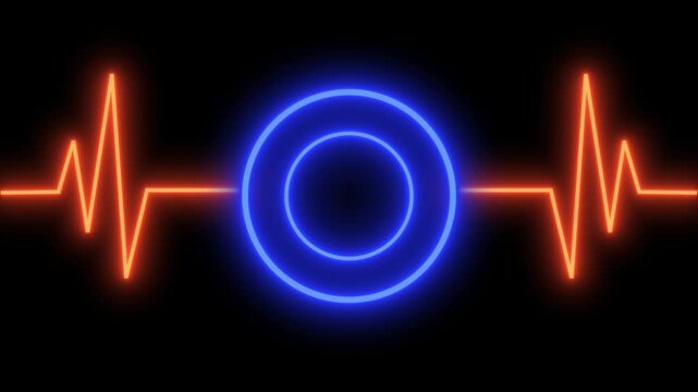 Neon heart rate monitor with blue circular pulse on animated black background electrocardiogram