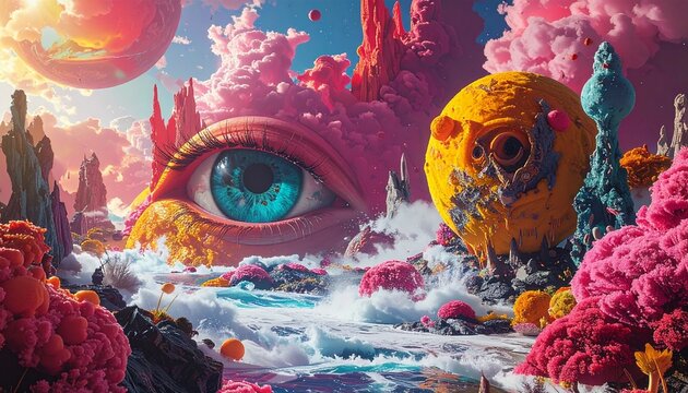 Vibrant, surreal landscape with an eye all the feels emotions on a fantastical world