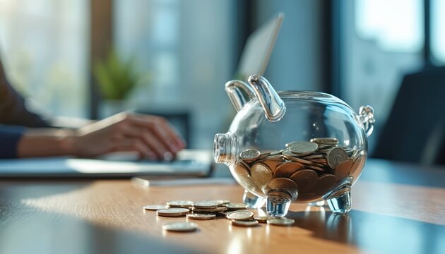 Clear piggy bank full of coins sits on a desk near person typing on laptop. Save money for future goals and business growth. Financial planning and investment concepts.