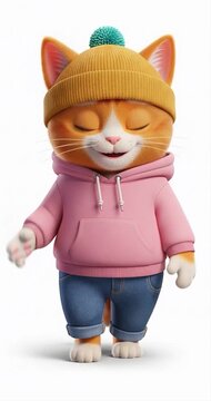 Cartoon cat wearing modern clothes posing against white background
