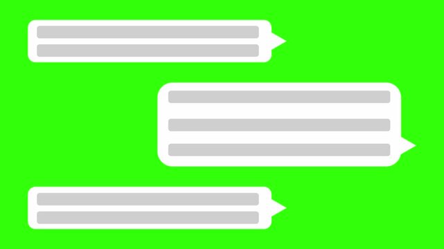 A digital conversation featuring three white speech bubbles with grey text, isolated on a green screen, representing a user interface, messaging app, or social media dialogue
