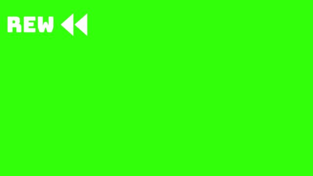 REW text and a double arrow rewind symbol isolated on a green screen. playback controls or retro VCR interface element suitable for chroma key