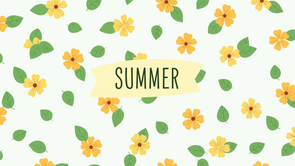 Summer themed pattern shows scattered small yellow flowers and green leaves on a light background with a central label banner.