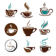 Obraz premium Coffee icons with cups, mugs, and coffee beans for café menus, branding, packaging, and designs.