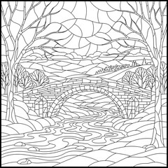Obraz premium Stained glass style illustration of serene rural landscape with arched stone bridge over flowing river