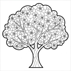 Fototapeta premium Flowering tree stained glass pattern mosaic ornamental decorative outline symmetrical shape full bloom spring nature art illustration