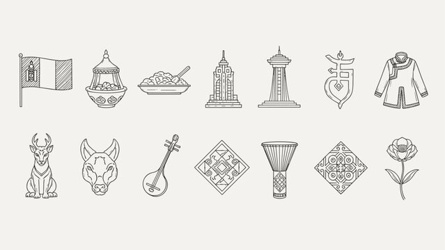 Mongolian cultural symbols and landmarks in a simple line art illustration