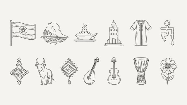 Collection of Ethiopian cultural symbols and landmarks in a minimalist line art style