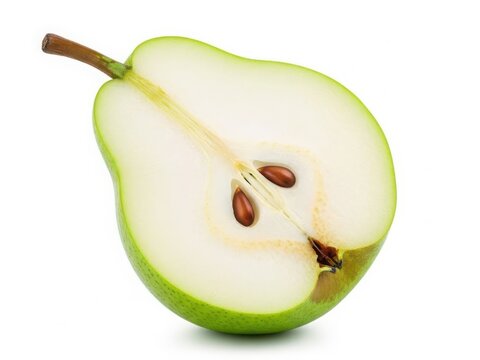 A close-up view of a freshly cut green pear revealing its juicy interior and seeds