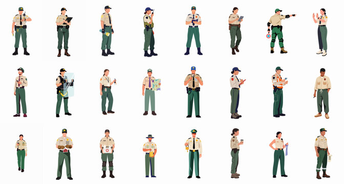 Collection of professional park rangers, conservation officers, and security personnel illustrations in various poses and actions, isolated on white background.