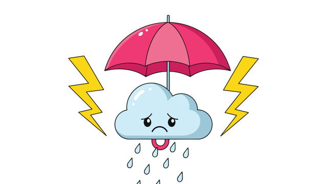 Sad blue rain cloud seeking shelter under a bright pink umbrella while surrounded by yellow lightning bolts on a plain white background.