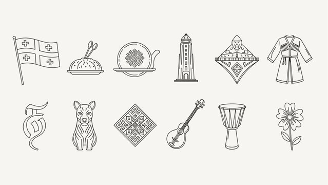 Collection of Georgian cultural symbols and landmarks in a minimalist line art style