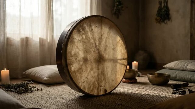  large frame drum placed inside quiet spiritual music space video