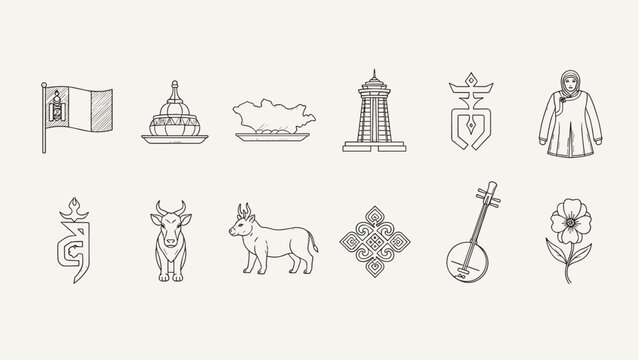 Collection of Mongolian cultural symbols and landmarks in a simple line art style