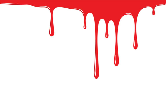 Bright red liquid dripping down from the top edge resembles blood or paint against a clean white background, creating a dramatic effect.