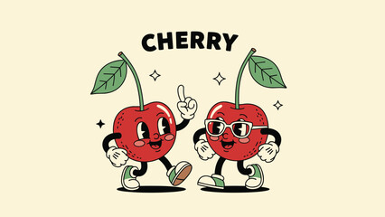 Fototapeta premium Two fun cartoon cherries with faces and limbs are walking together in a retro vintage style against a light cream background.