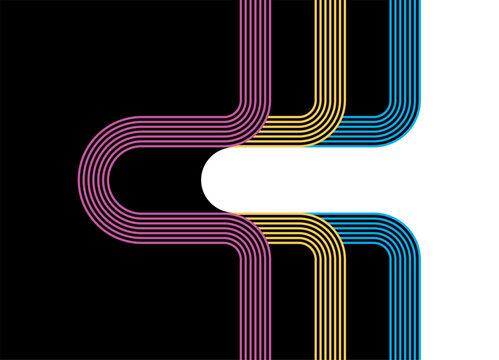 Abstract vector pattern. Black base with colored parallel retro lines. Sporty divided vector background from curved lines. . 60s - 80s design element. Flow, roads, disco, hippie. Border, place for tex