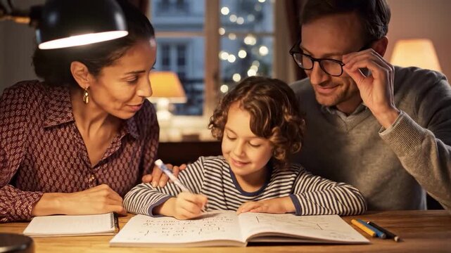 Family doing homework together under a desk lamp indoors