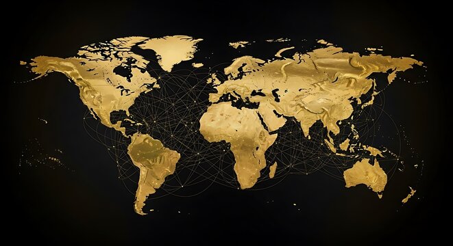 Gold rendered map of Earth with connected nodes on a black background