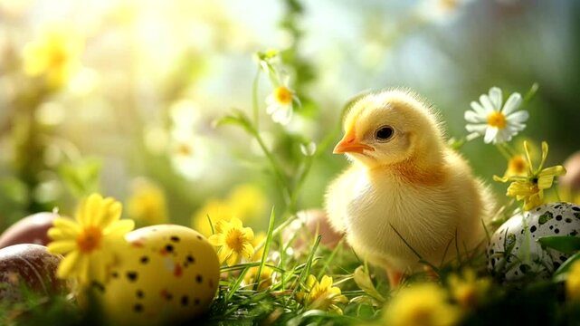 Cute yellow chick standing in spring grass with flowers and speckled eggs outdoors. Easter season, springtime holiday, farm life, new beginnings, nature.