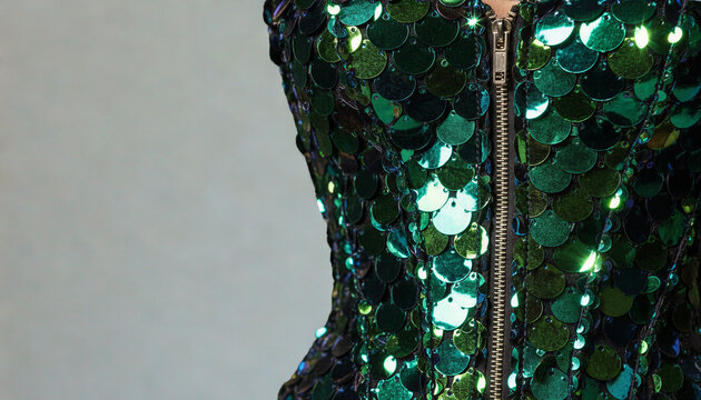 Iridescent emerald-green corset with fish-scale sequins detail  