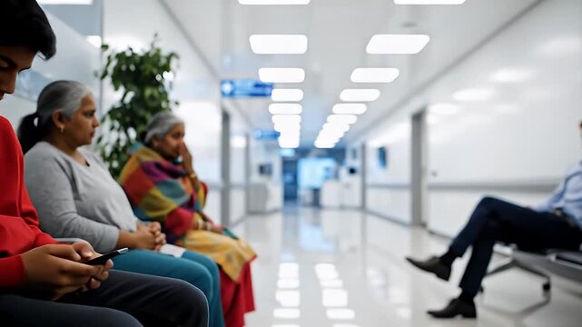 Waiting room occupants in modern hospital corridor.