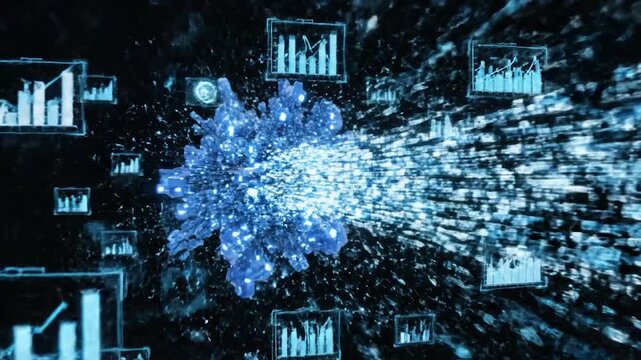 Abstract blue geometric shapes with binary data flowing through a central axis