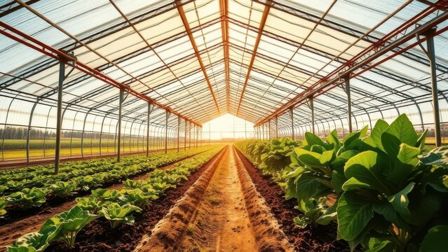 A greenhouse complex with steel and glass construction stretches across farmland, showing leafy vegetables inside under bright spring sunlight. Generative AI