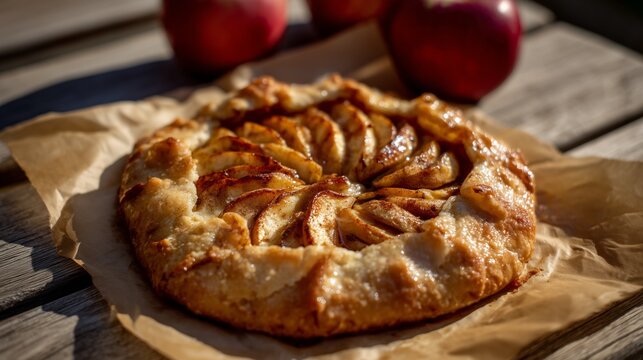 rustic apple galette with caramelized filling in sunlight