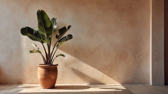 minimal mediterranean interior with banana plant and terracotta pot