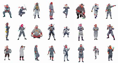 Set of diverse ninja characters in different poses, actions, and costumes, from traditional Japanese martial artists to modern stealth operatives and cyborg warriors. © Sabiqul